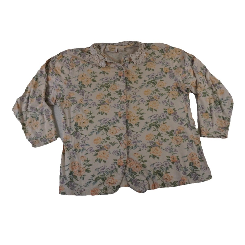 Victoria's Secret Blouse Top Womens Medium Beige Floral Lace Collar Button Front